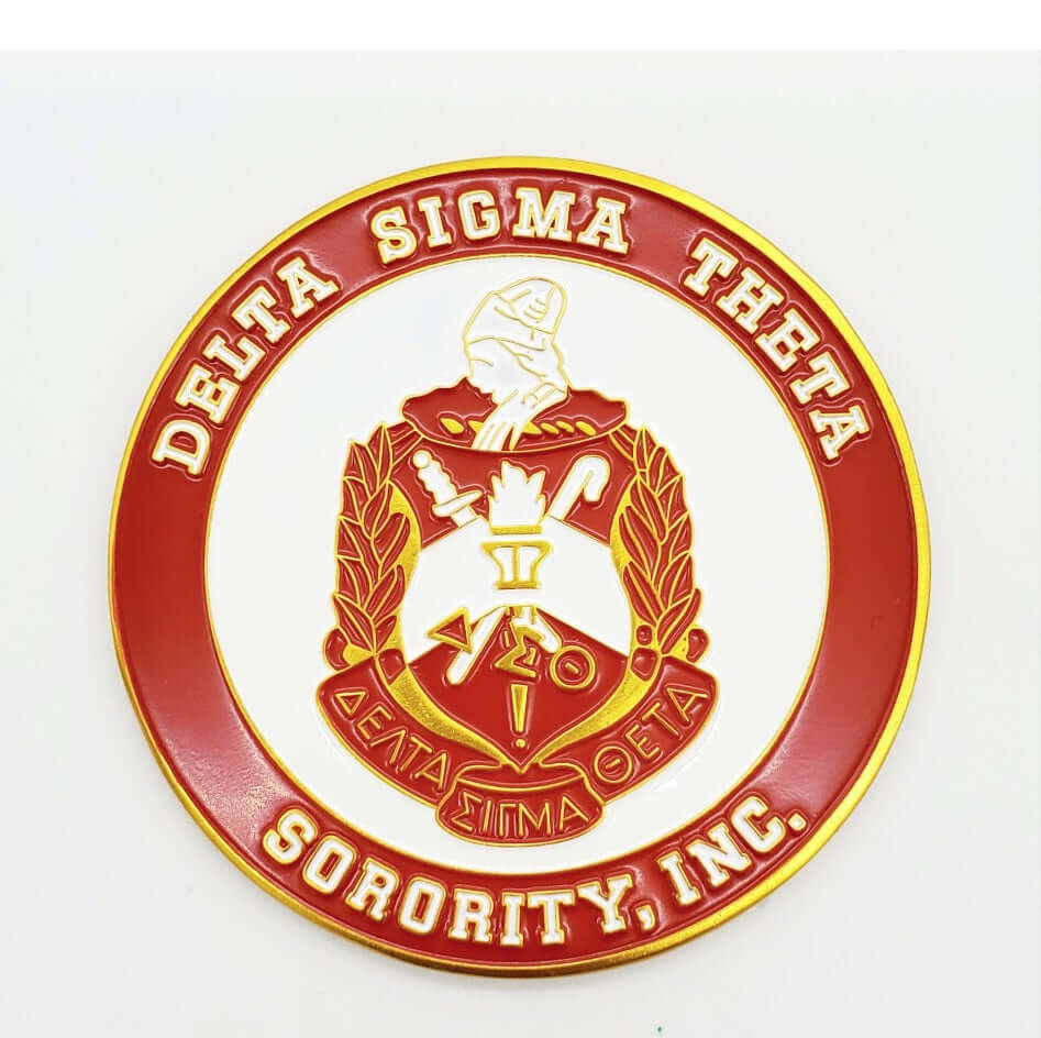 Delta Sigma Theta sorority emblem, vibrant red and gold design, perfect for Greek gear and paraphernalia enthusiasts.