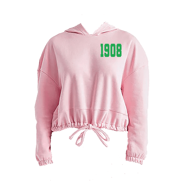 Oversized cropped pink hooded sweatshirt with 1908, perfect for sorority and fraternity paraphernalia. Stylish Greek gear.