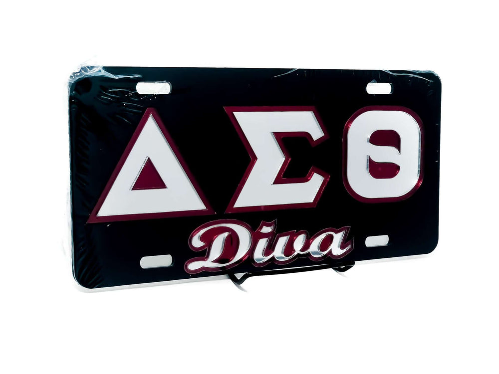 Delta Sigma Theta car tag with "Diva" text, showcasing sorority pride and Greek gear for stylish vehicle display.
