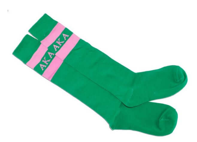 AKA Knee High Socks in green and pink, perfect sorority paraphernalia for Alpha Kappa Alpha members.