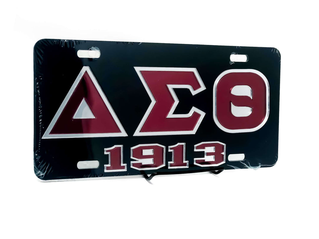 Delta Sigma Theta car tag, featuring iconic symbols and 1913, perfect for sorority pride and Greek gear display.
