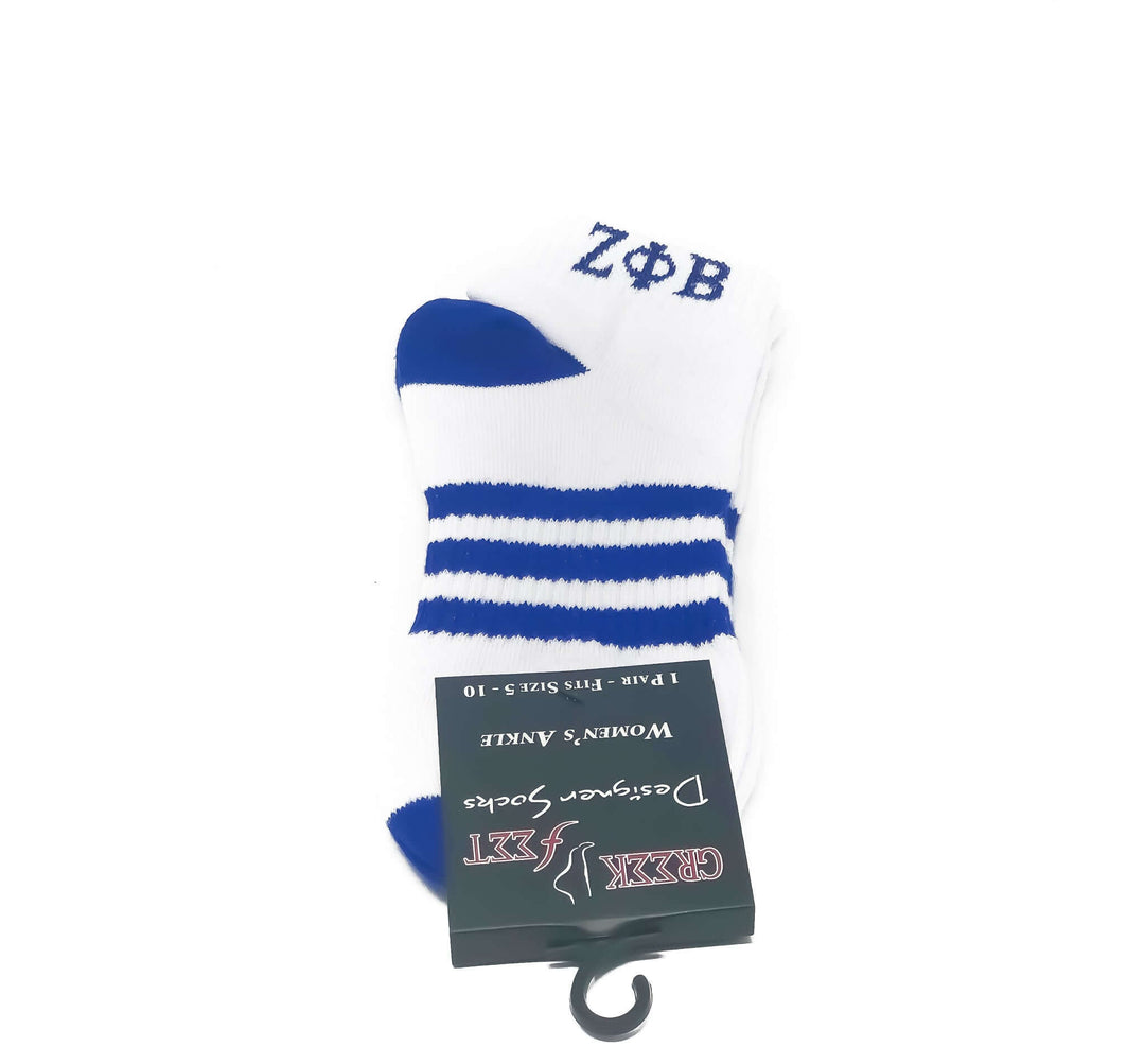 Zeta Striped Ankle Socks featuring blue stripes and sorority letters, perfect Greek gear for fraternities and sororities.