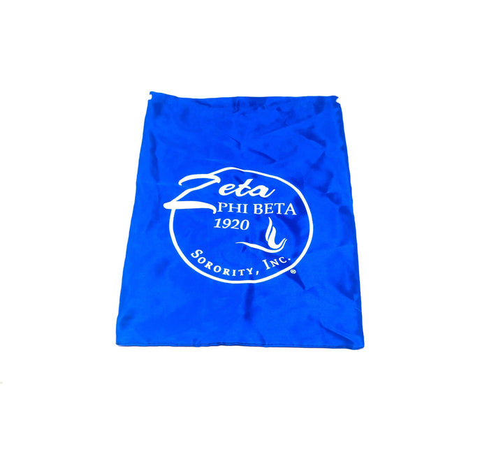 Zeta Bag in blue satin, featuring Zeta Phi Beta Sorority logo, perfect for sorority paraphernalia and Greek gear.