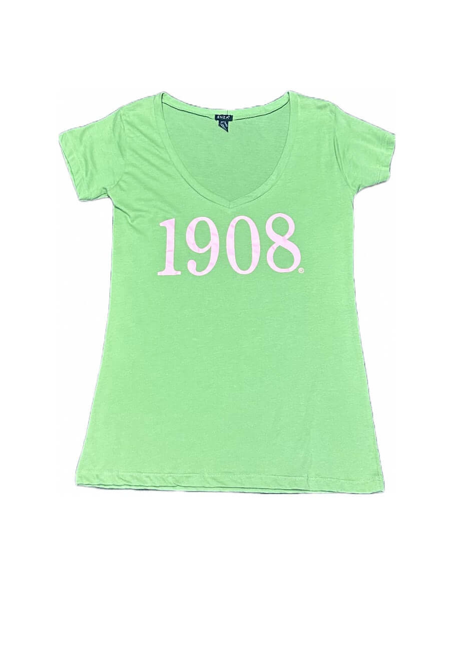 AKA T-Shirt in lime green featuring '1908,' perfect for sorority and fraternity paraphernalia and Greek gear.