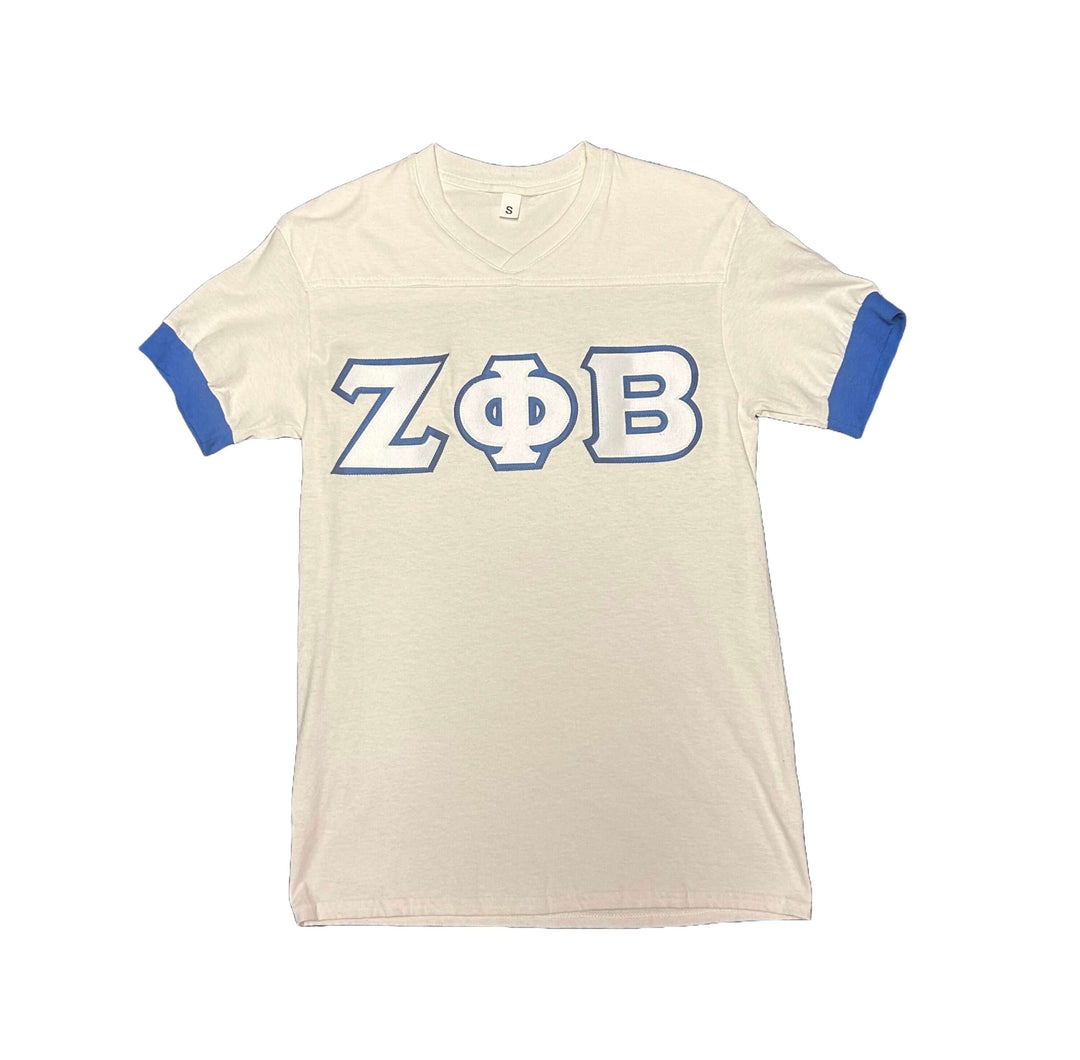 Zeta T-Shirt - Greek letter embroidered tee with blue trim, perfect for sorority and fraternity paraphernalia.