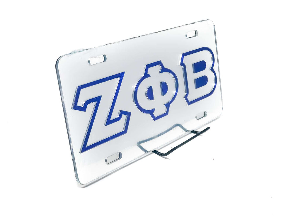 Zeta Car Tag in silver with blue letters, perfect Greek gear for sorority or fraternity paraphernalia.