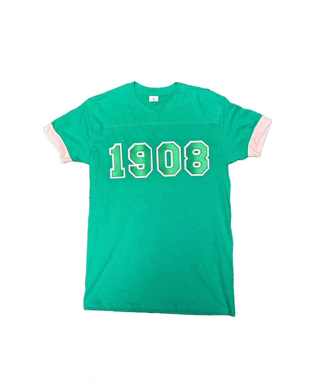 Classic green v-neck t-shirt with pink trim, embroidered 1908, perfect for sorority and fraternity Greek gear.