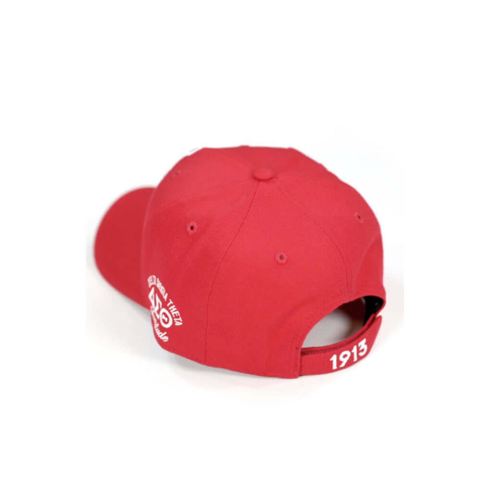 Red Delta Hat showcasing sorority crest and year 1913, perfect for Greek gear and pride in Delta Sigma Theta.