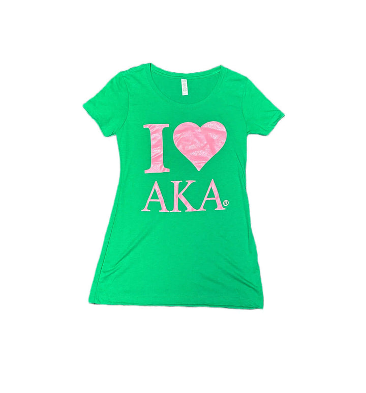 I Heart AKA green ladies t-shirt, perfect sorority Greek gear for AKA supporters and paraphernalia enthusiasts.