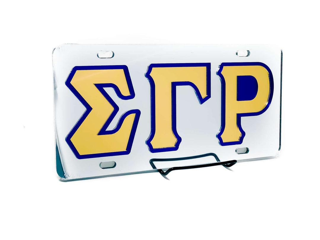 SGRho silver car tag featuring Greek letters, perfect sorority paraphernalia and Greek gear for proud members.