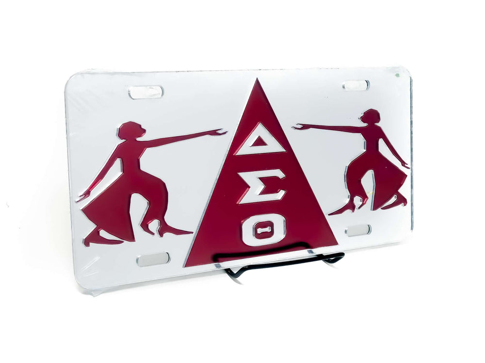 Delta Sigma Theta car tag featuring iconic symbols, perfect for sorority pride and Greek gear display.