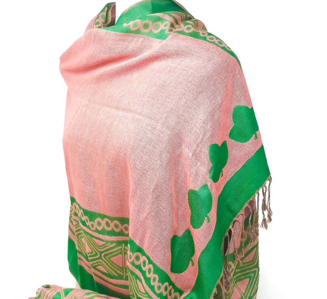 Elegant AKA Pashmina Scarf Wrap in pink and green, perfect for sorority and fraternity pride and stylish Greek gear.
