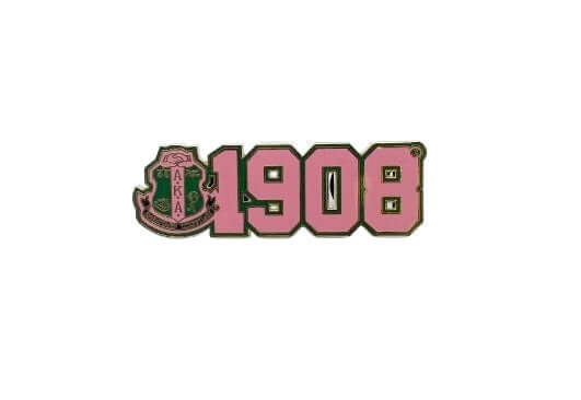 AKA crest pin 1908 in pink with gold trim, perfect for sorority and fraternity Greek gear accessories.