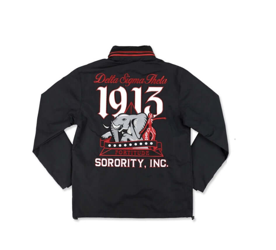 Delta Windbreaker Jacket with embroidered 1913 elephant design, perfect for sorority and fraternity paraphernalia.