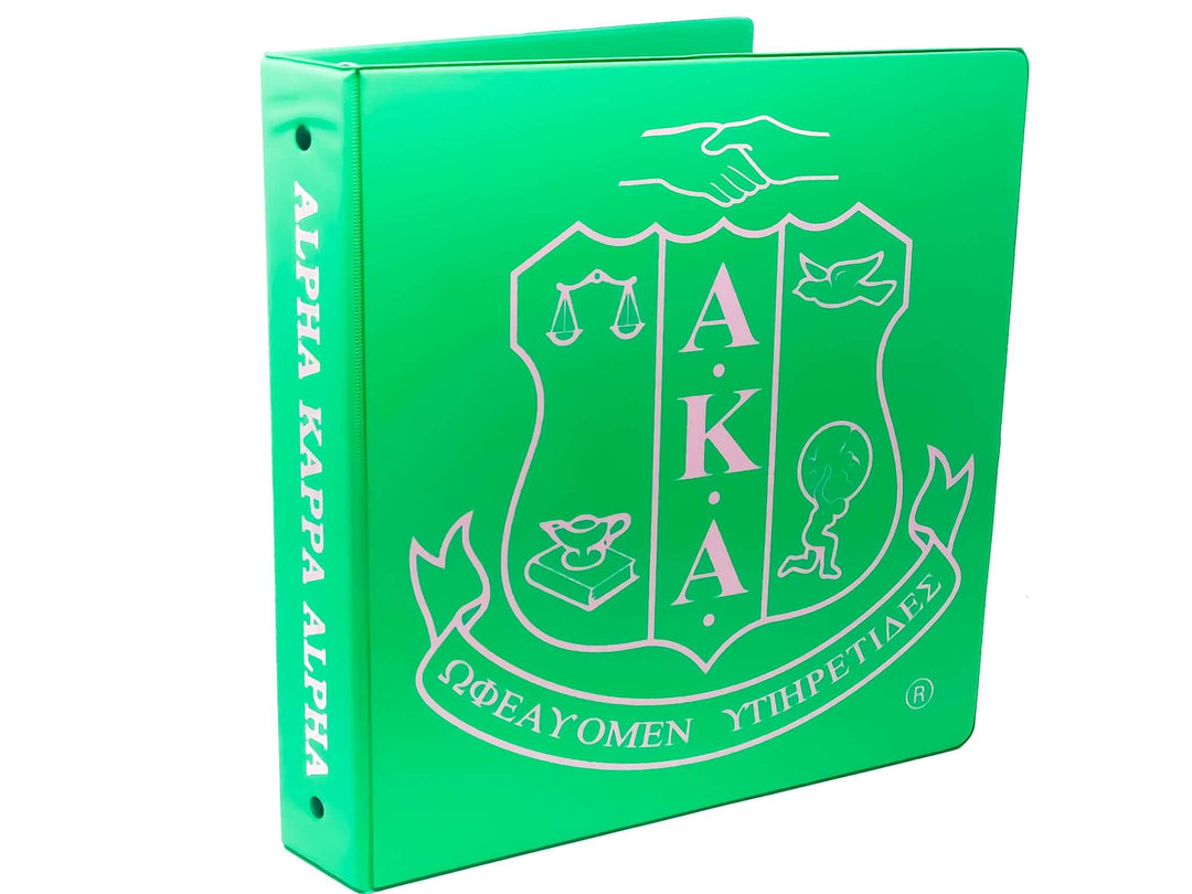 AKA Three-Ring Binder in vibrant green, featuring Alpha Kappa Alpha emblem, perfect for sorority meetings and events.