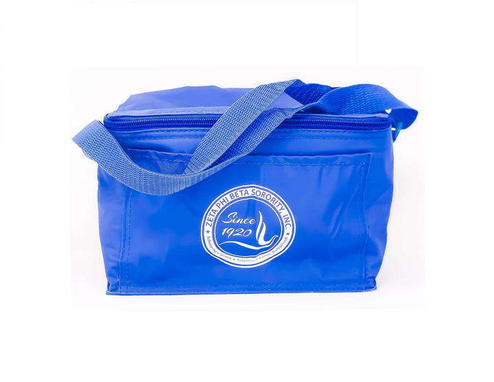 Small blue lunch bag with adjustable strap and front pocket, ideal for sorority and fraternity paraphernalia.