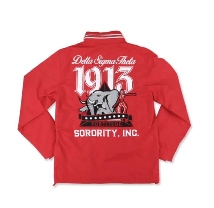 Delta Windbreaker Jacket in red featuring Delta Sigma Theta, 1913 elephant logo, perfect for sorority and Greek gear enthusiasts.