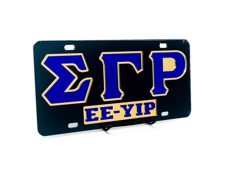 SGRho car tag in black with gold letters, perfect sorority paraphernalia and Greek gear for proud members.