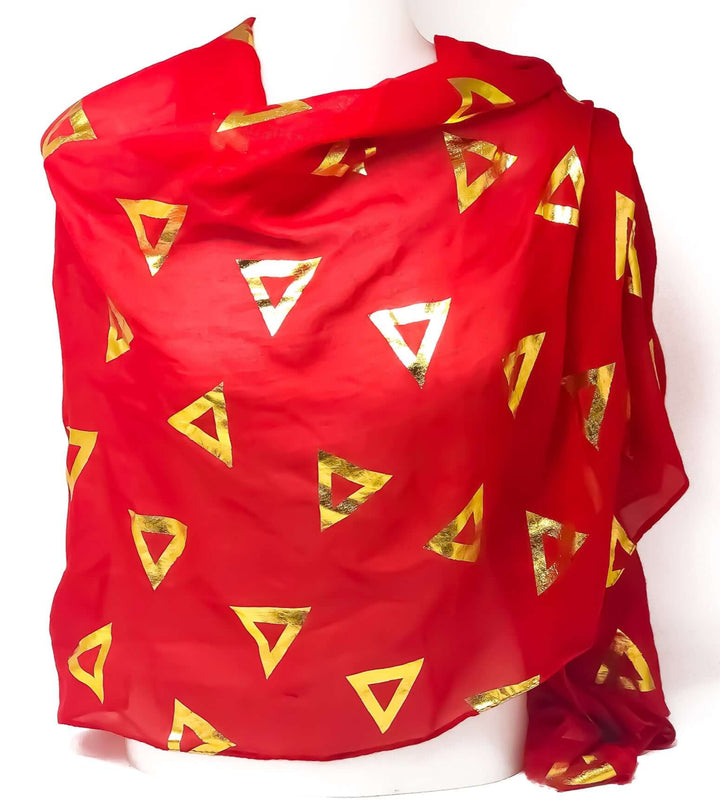 Red scarf with gold foil triangle design, perfect for sorority and fraternity greek gear and paraphernalia.