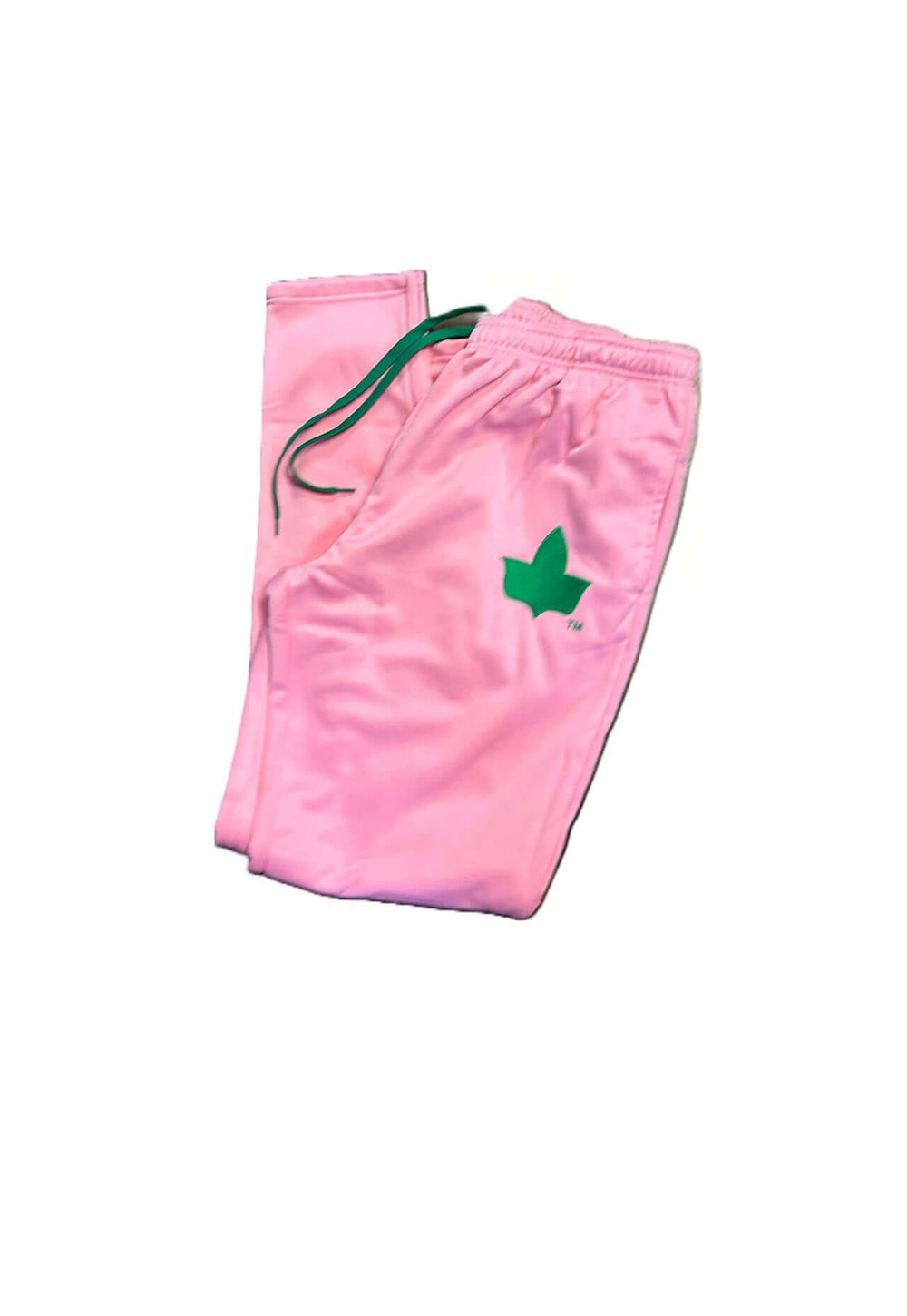 Pink AKA jogging pants featuring a green sorority leaf emblem, perfect for Greek gear and active lifestyles.
