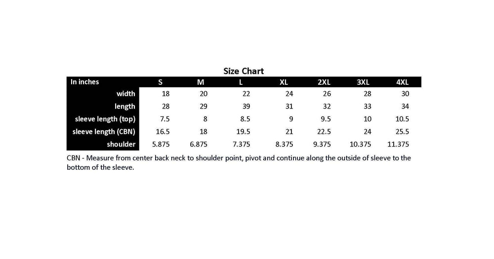 Size chart for unisex t-shirts with measurements for width, length, and sleeve length in various sizes.