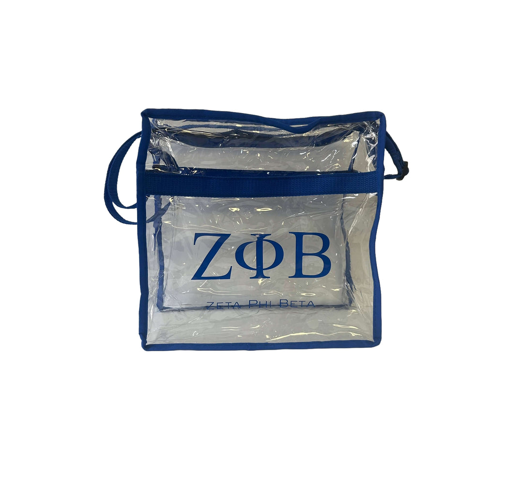 Zeta Bag - clear stadium tote with blue trim and Zeta Phi Beta logo, perfect for sorority and fraternity paraphernalia.