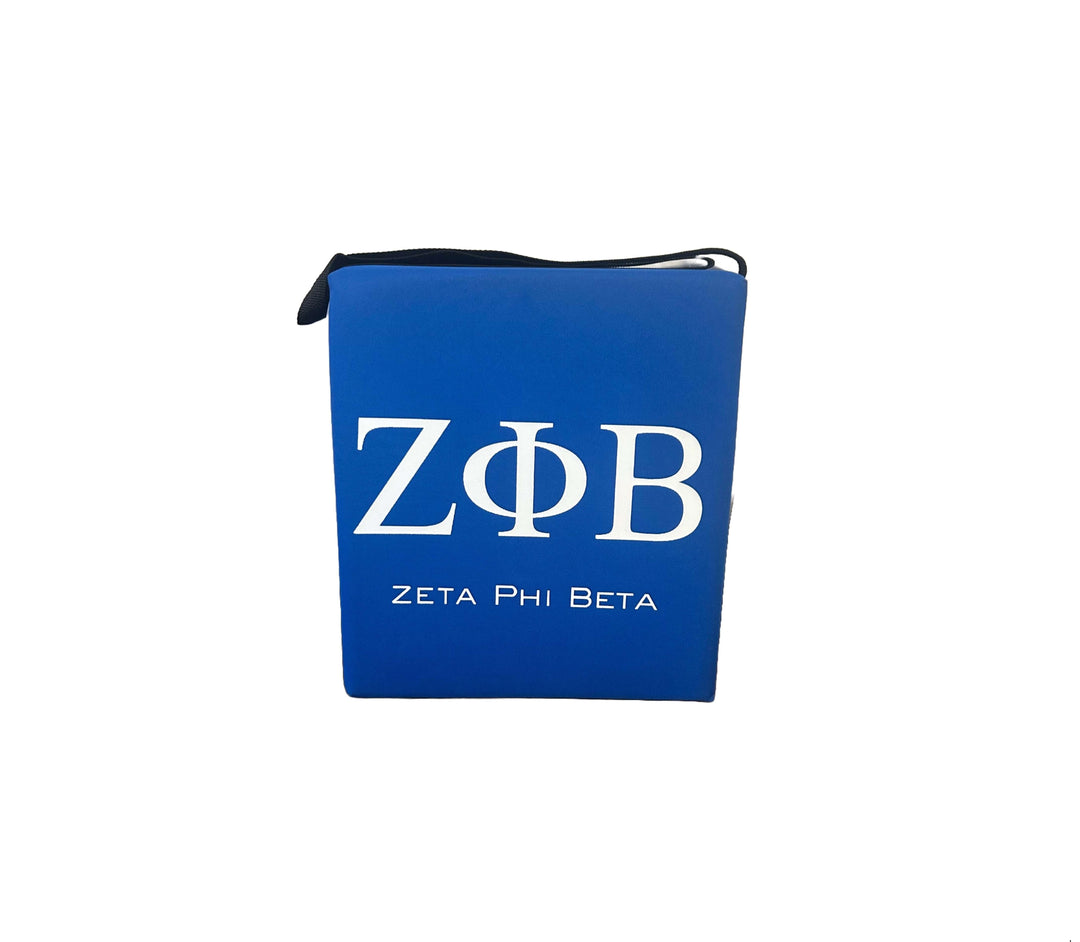 Blue Zeta Stadium Seat with white letters, perfect for sorority and fraternity events, measuring 13x15x2 inches.