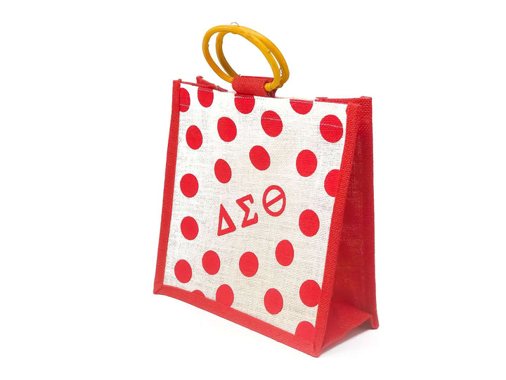 Red and white polka dot burlap tote bag featuring Greek letters, perfect for sorority and fraternity paraphernalia and Greek gear.