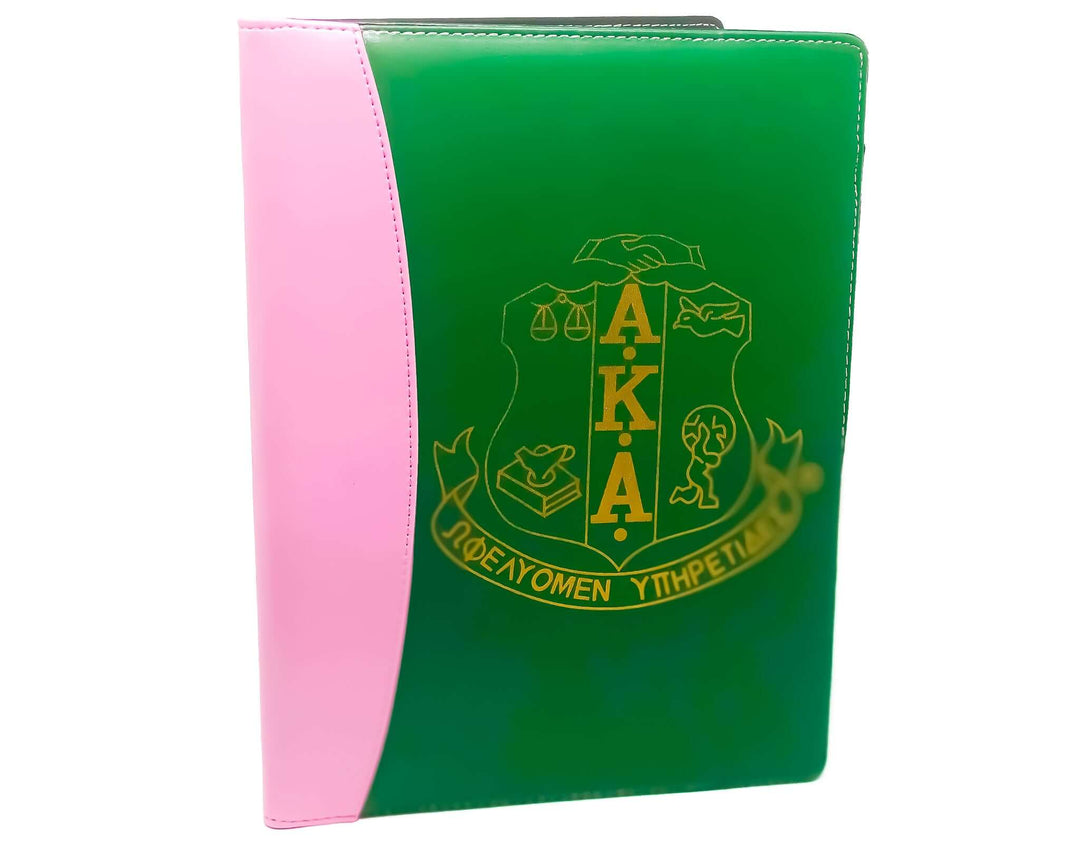 AKA Padfolio in green and pink, a stylish accessory for sorority and fraternity paraphernalia, ideal for professionals.