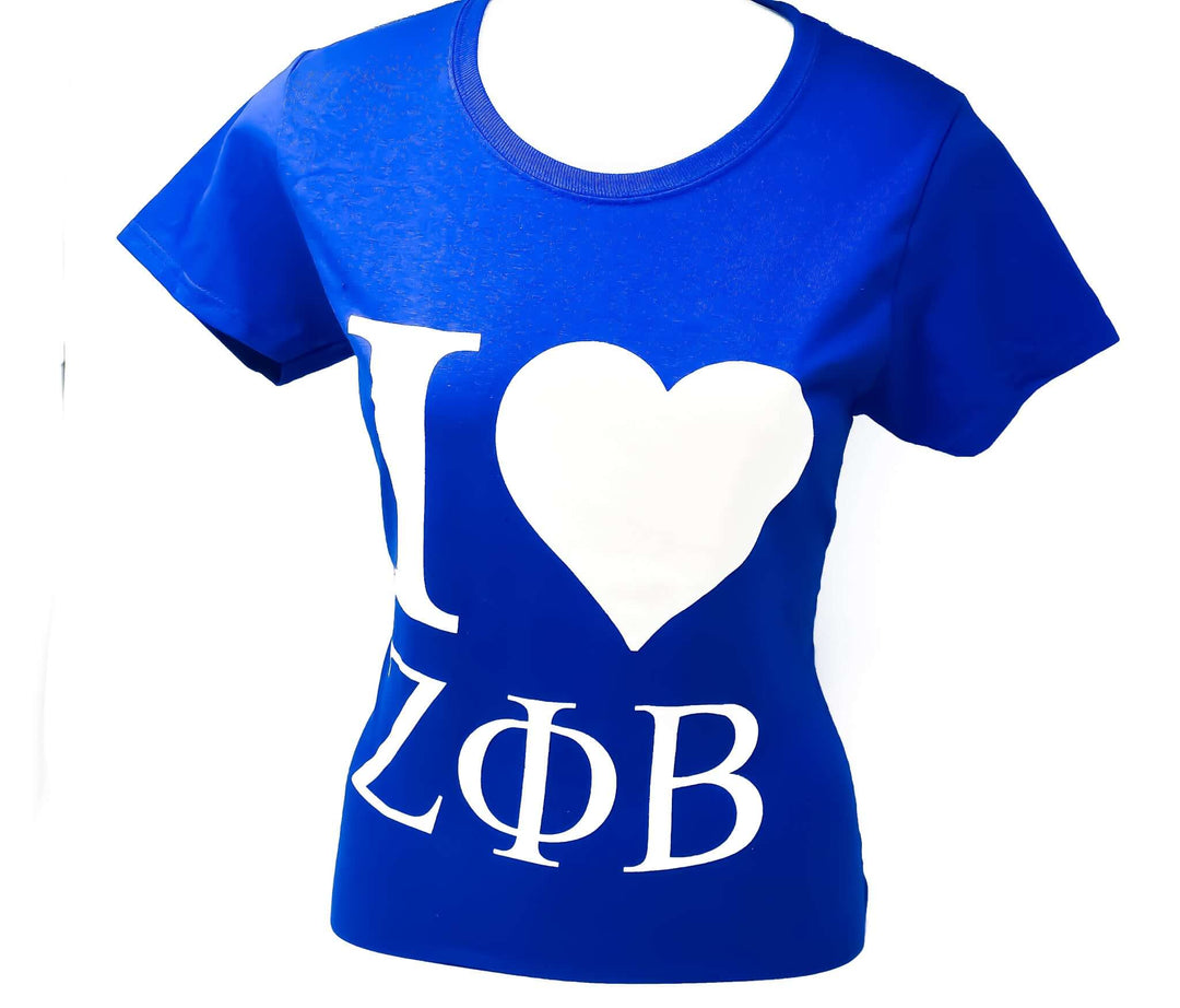 Blue ladies cut ZPhiB T-shirt featuring "I Heart ZPhiB" for sorority enthusiasts and Greek gear lovers.