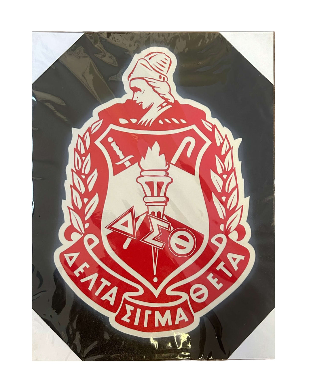 Delta Sigma Theta crest on canvas, perfect for sorority and fraternity paraphernalia and Greek gear.