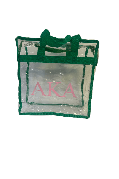 Clear vinyl stadium bag with green handles and AKA logo, perfect for Greek gear and compliance with stadium regulations.