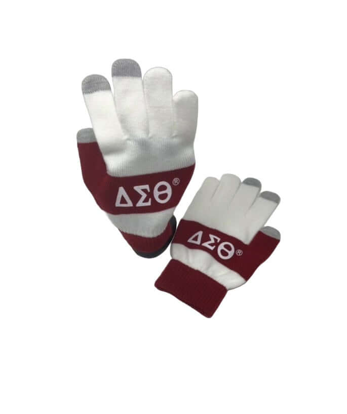 Delta Sigma Theta knit gloves with touchscreen tips, perfect sorority paraphernalia and Greek gear for staying connected.