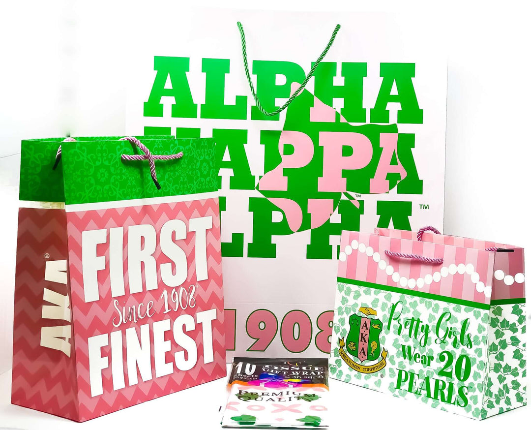 AKA gift bags in green and pink for sorority gift giving, featuring "First Since 1908" and Greek gear designs.