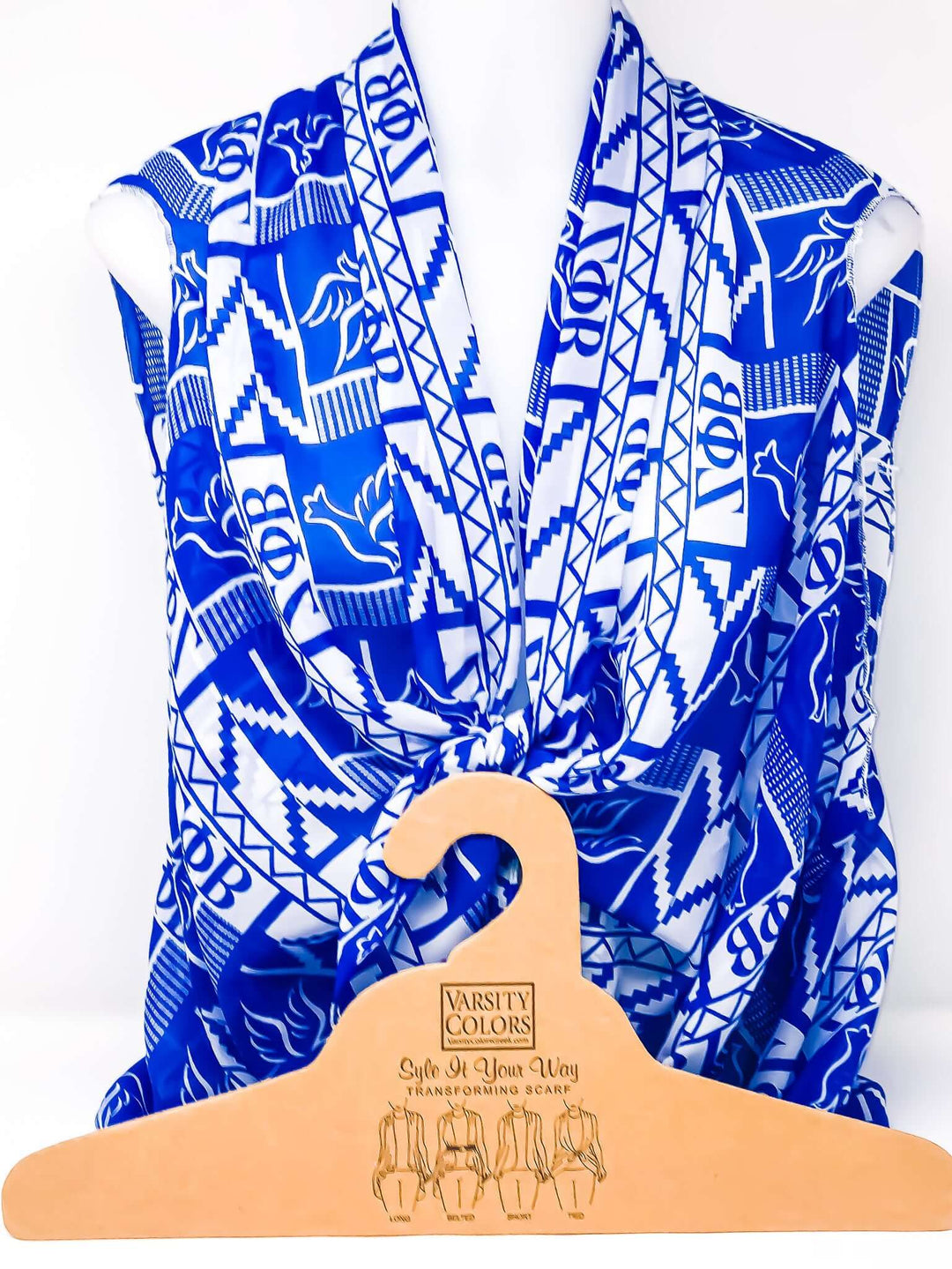 Zeta Scarf in vibrant blue featuring Greek letters, perfect for sorority and fraternity paraphernalia and Greek gear enthusiasts.