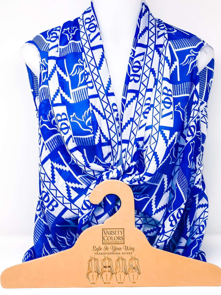 Zeta Scarf in vibrant blue featuring Greek letters, perfect for sorority and fraternity paraphernalia and Greek gear enthusiasts.