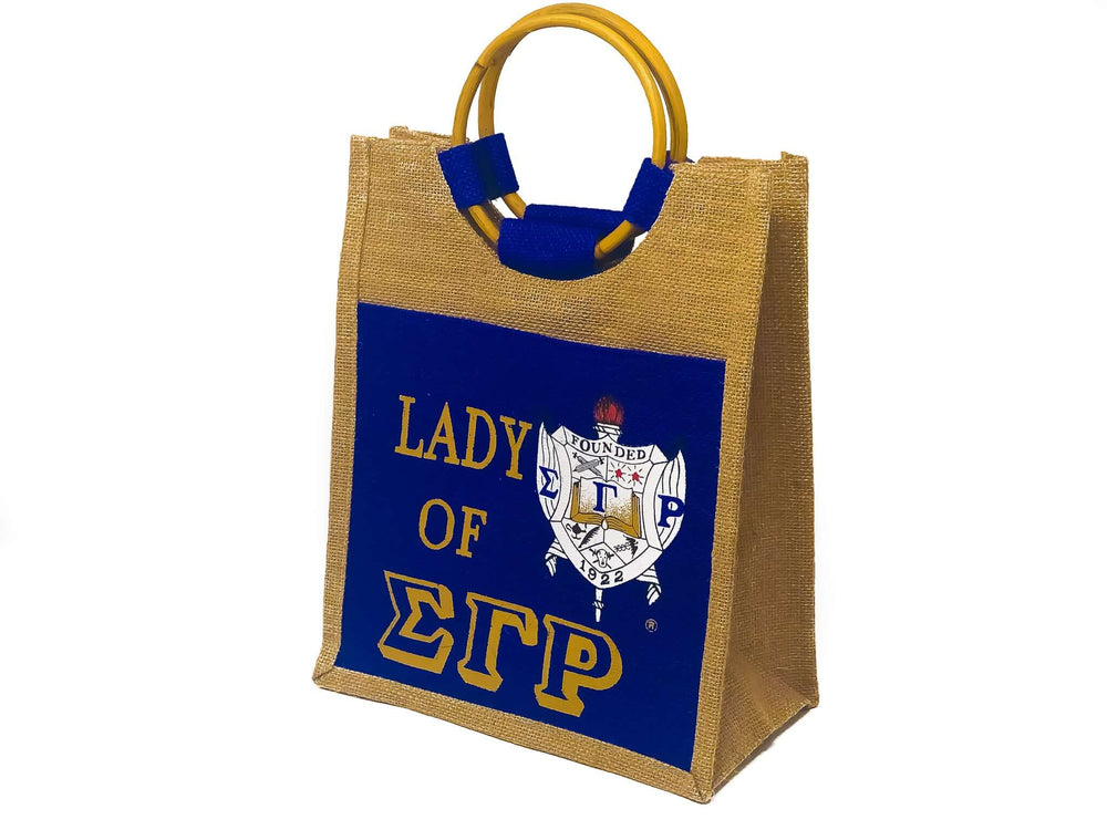 SGRho burlap tote bag featuring "Lady of ΣΓΡ" design, perfect sorority paraphernalia and Greek gear for members.