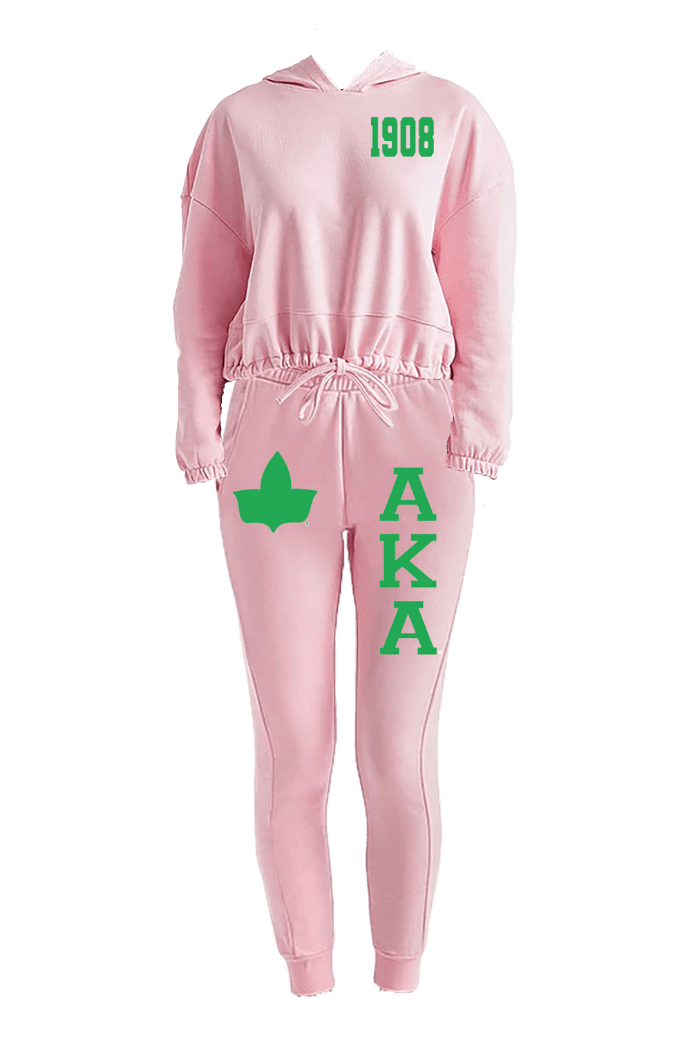 Slim-fit pink AKA Ivy sweatpants with ivy leaf and Greek lettering, perfect sorority paraphernalia for Greek gear.