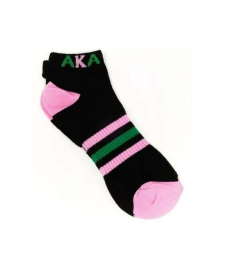 AKA striped ankle socks in black, pink, and green, perfect sorority and fraternity Greek gear paraphernalia. Size 5-10.