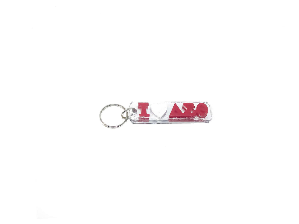 Delta I Heart Keychain, vibrant red design showcasing sorority pride and perfect for Greek gear or fraternity paraphernalia.