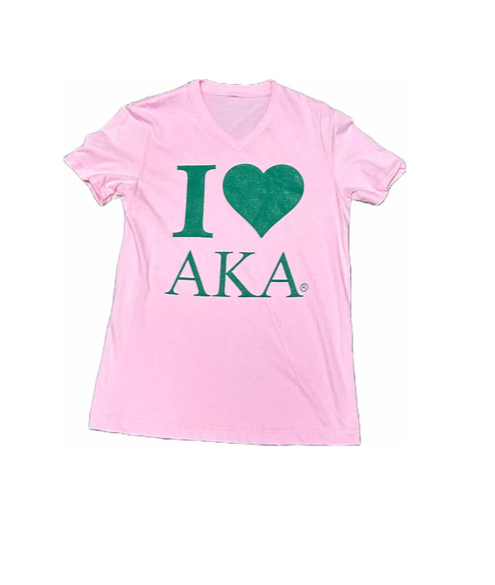 Pink ladies T-shirt featuring "I Heart AKA," perfect for sorority paraphernalia and Greek gear.