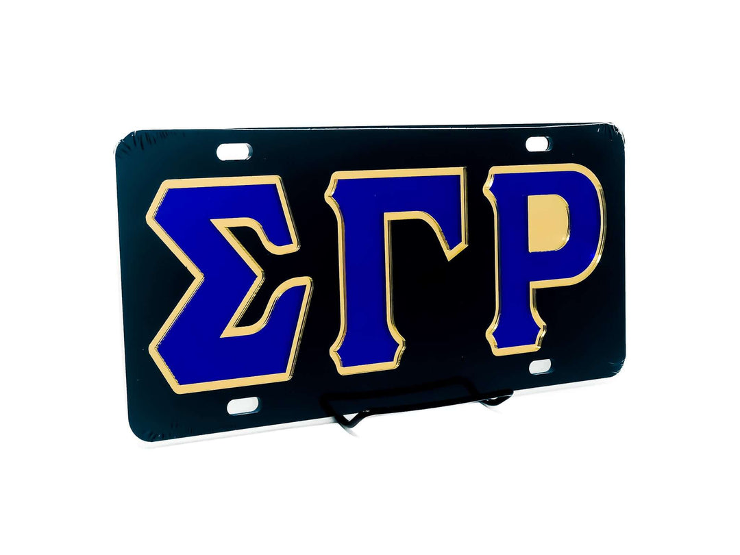 SGRho car tag in black with Greek letters, perfect for sorority or fraternity paraphernalia and Greek gear enthusiasts.