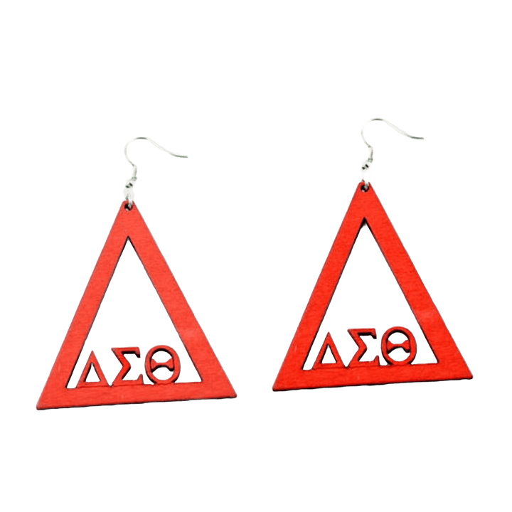 Delta sorority earrings in red triangle design, perfect Greek gear for members wanting stylish paraphernalia.