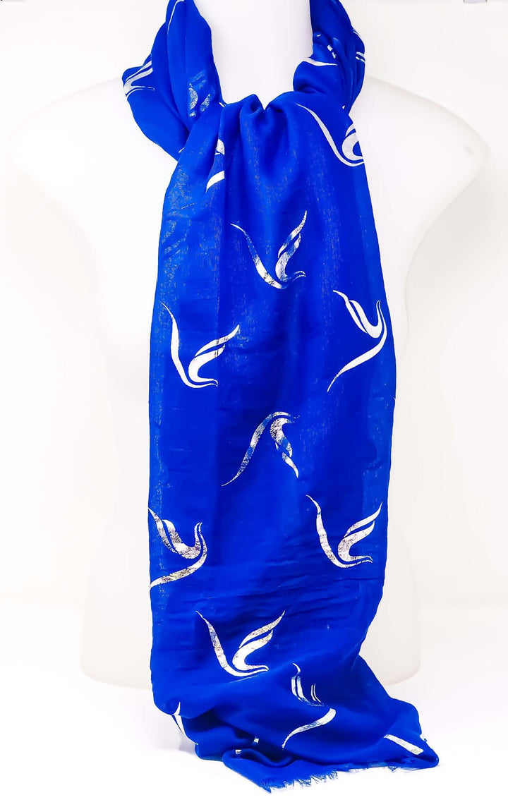 Blue scarf featuring silver foil designs, perfect sorority and fraternity paraphernalia for Greek gear enthusiasts.