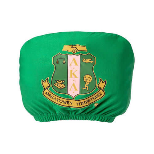 Full color AKA car seat headrest cover featuring sorority shield and pouch for storage, perfect Greek gear accessory.