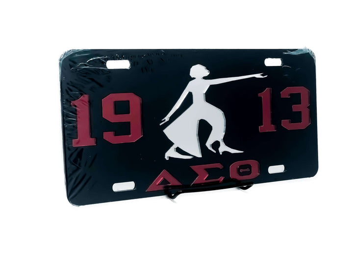 Delta Sigma Theta car tag featuring iconic sorority symbol and colors, perfect Greek gear for proud members.