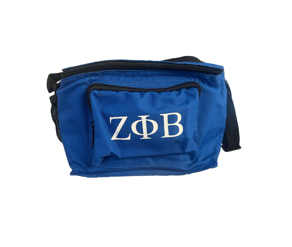 Small blue lunch bag with front pocket and adjustable strap, featuring ZFB sorority letters. Perfect Greek gear accessory.