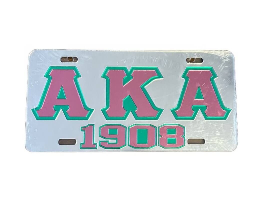 AKA 1908 car tag, a symbol of pride for Alpha Kappa Alpha Sorority, showcasing sorority paraphernalia and Greek gear.