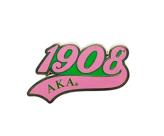 AKA Pins 1908 Tail Pin with pink lettering on green background, perfect Greek gear for sorority and fraternity paraphernalia.