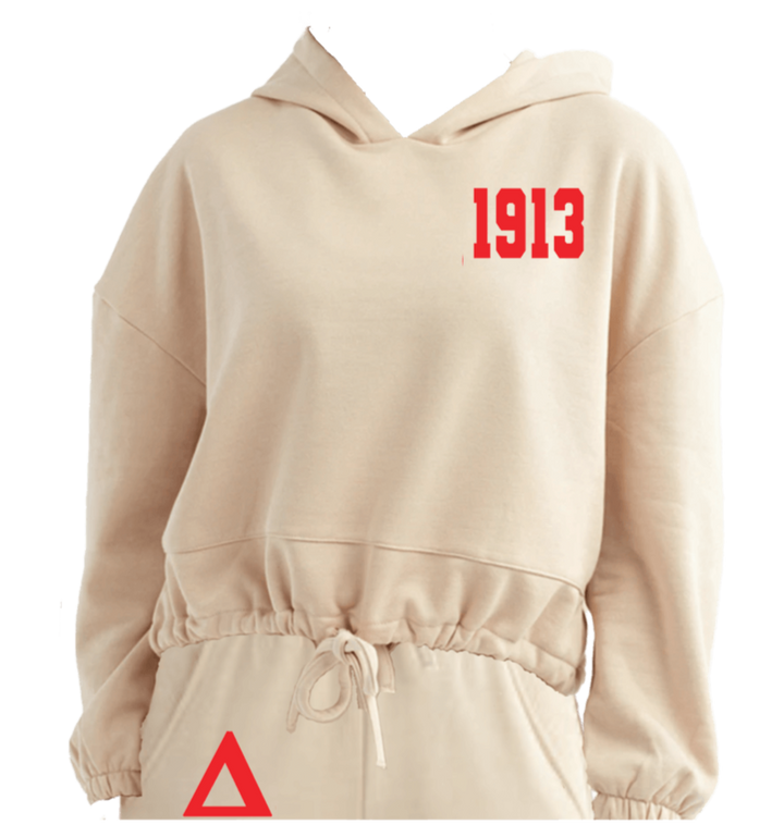 Oversized cropped beige hooded sweatshirt with 1913, perfect for sorority and fraternity paraphernalia and Greek gear.